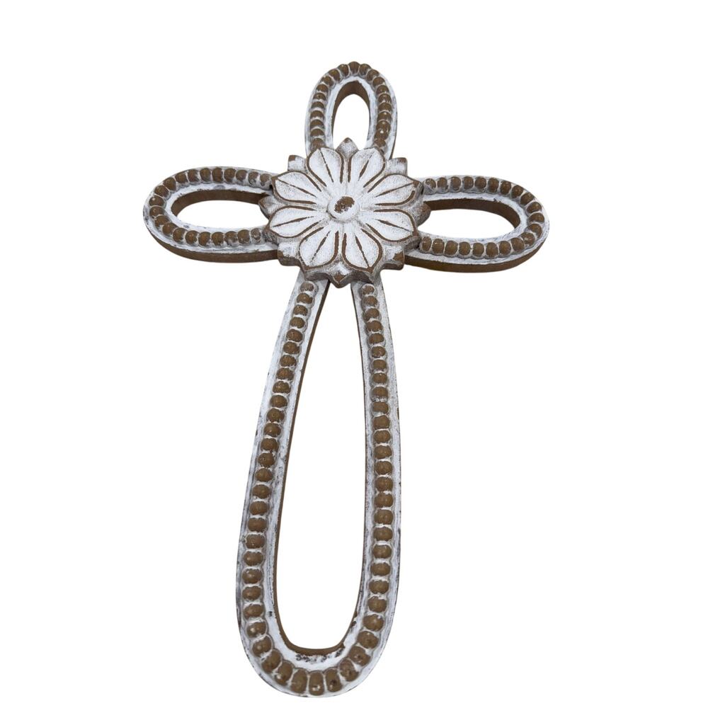 Whitewashed Beaded Wall Cross with Flower Center Farmhouse Decor 13” x 9”